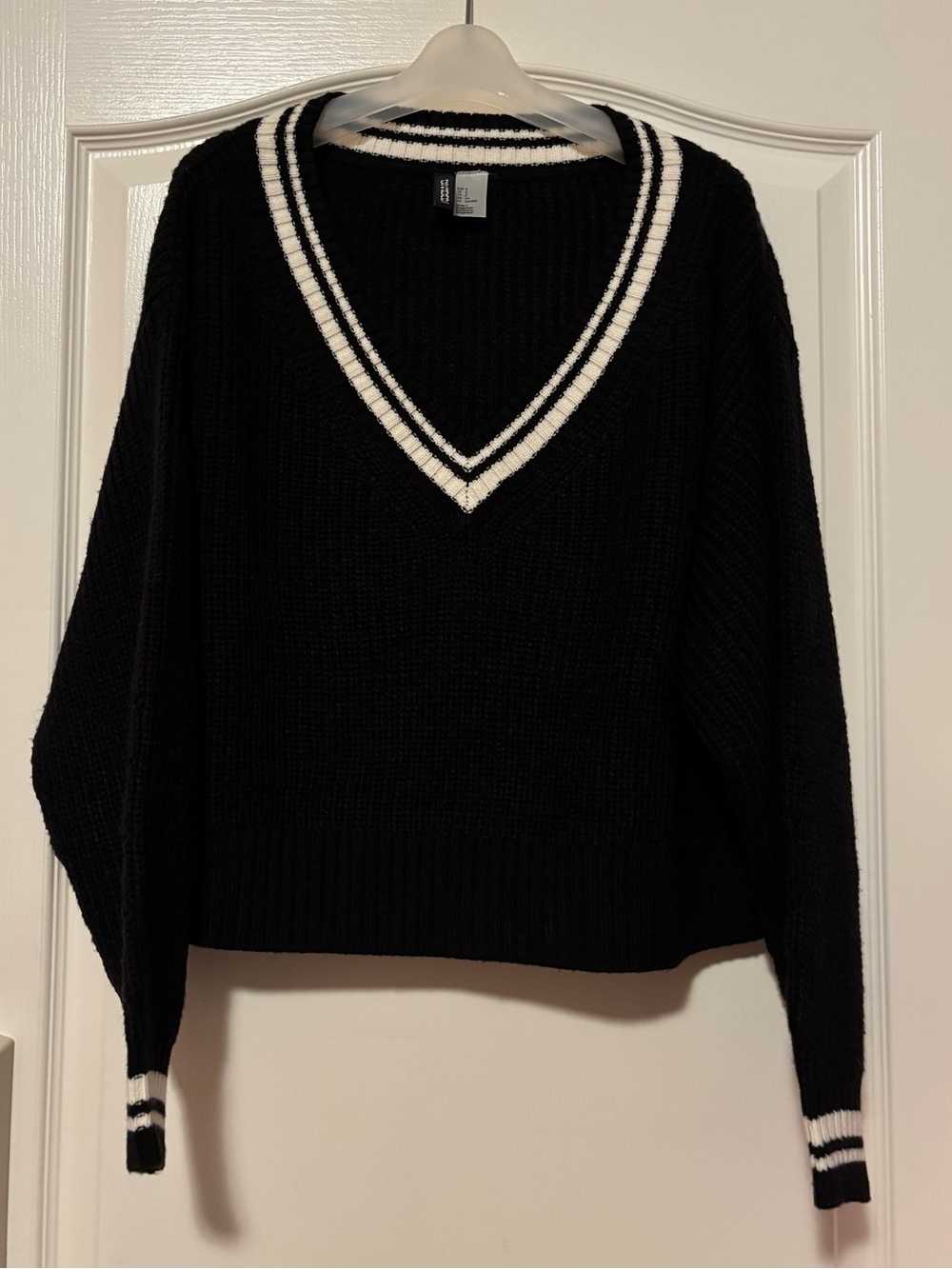 Divided Black V-Neck Sweater with White Striped Trim